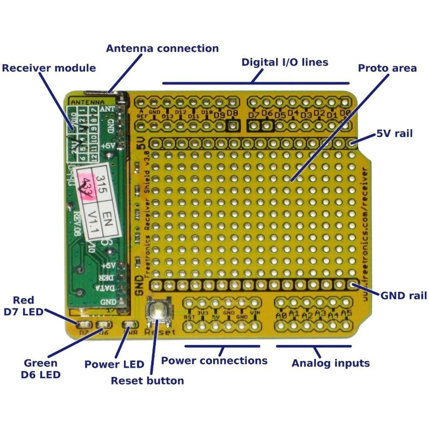 Photo of Receiver Shield for Arduino: 315MHz / 433MHz