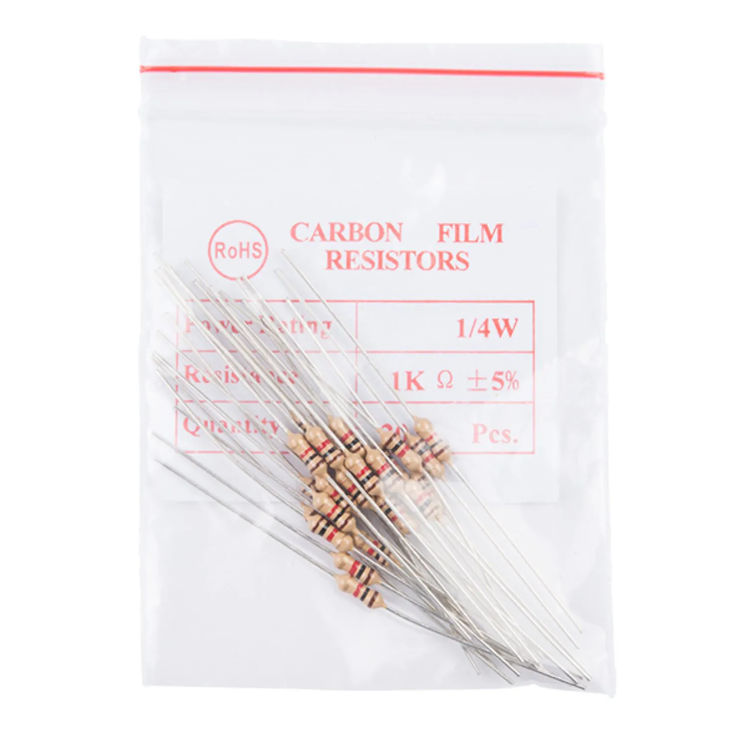 Photo of Resistor 1K Ohm 1/4 Watt PTH - 20 pack (Thick Leads)